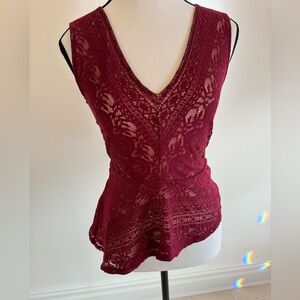 BCBG Red Mesh Asymmetrical Peplum V-Neck Tank